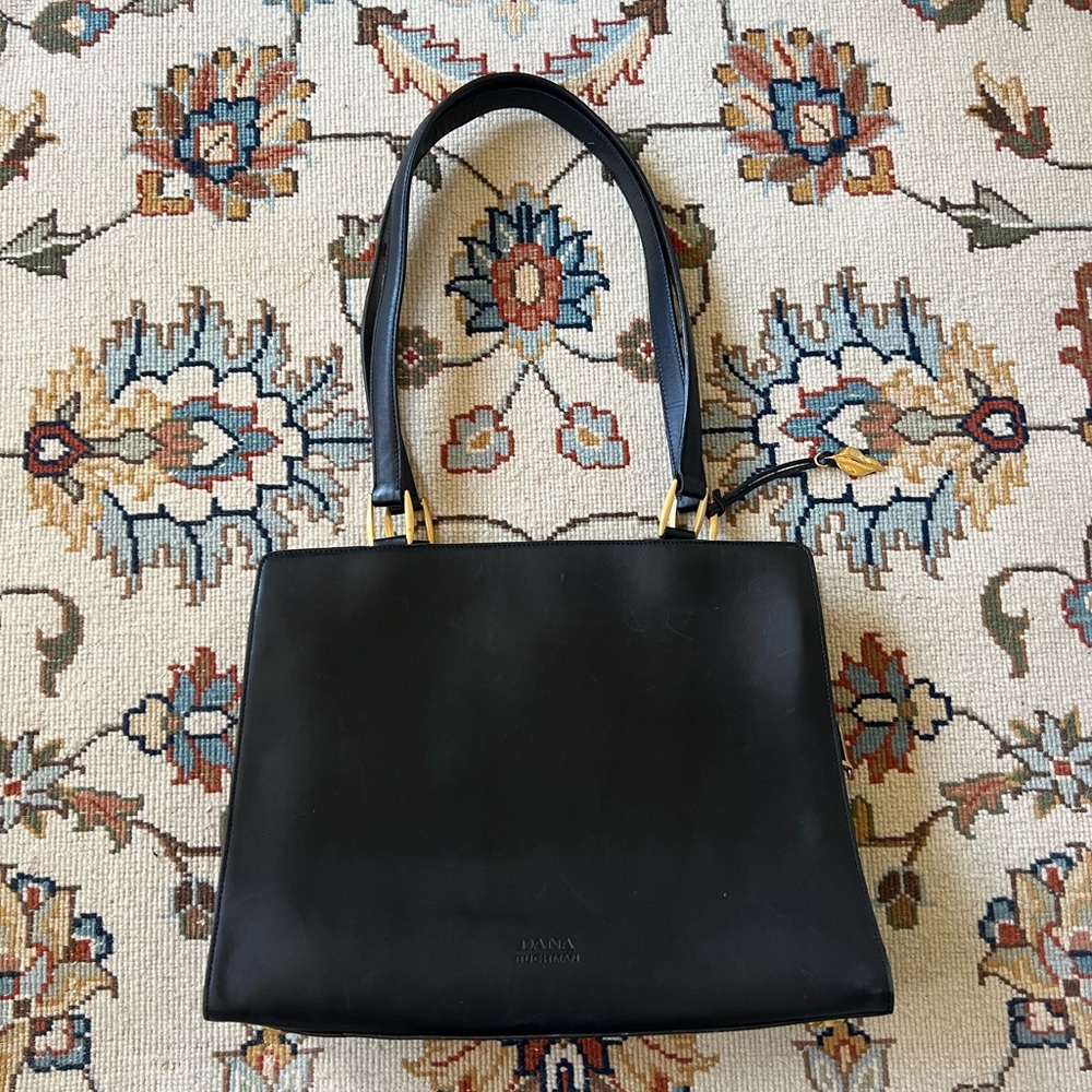 Vintage Structured Black Shoulder Bag with Gold Details by Dana Buchman